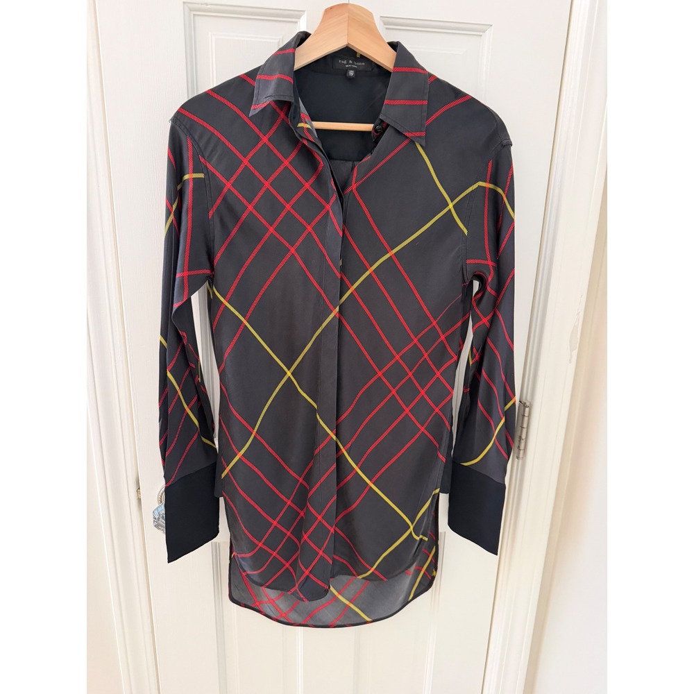 Rag & Bone Silk Plaid Button Down Shirt Black Red Yellow Tunic Blouse XXS